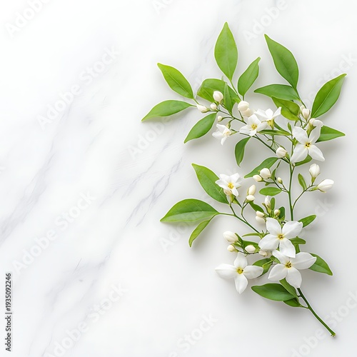 Elegant White Flowers with Green Leaves on a Soft Marble Background for Nature Aesthetics