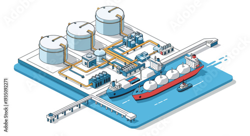 An isometric illustration depicts an industrial complex with storage tanks a port and a ship presented as a silhouette high quality