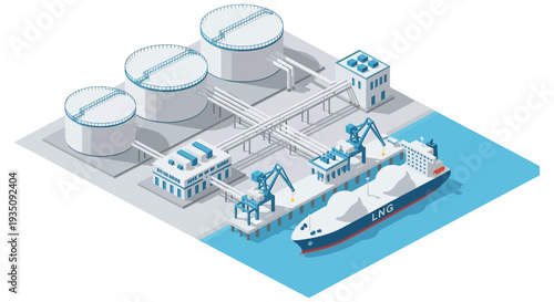 Isometric illustration depicts a busy industrial port with storage tanks a ship and loading cranes silhouette high quality professional detailed
