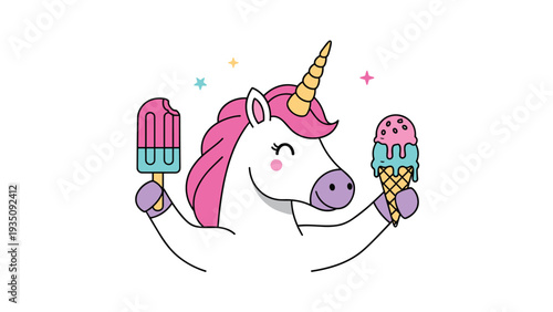 Cute pink-maned unicorn character holding a delicious ice cream cone and a popsicle with colorful stars on white background.