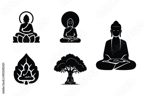 Buddha Vesak meditation silhouette icon set. Vector