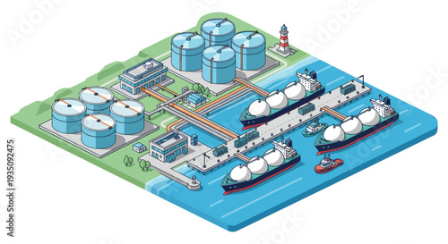 An isometric illustration depicts an industrial complex with storage tanks ships and a lighthouse silhouette high quality professional detailed modern elegant