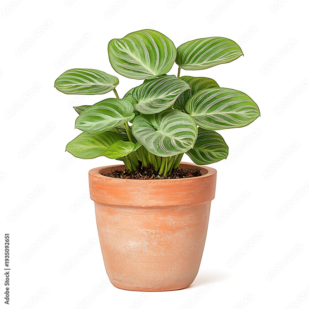 Fototapeta premium Lush Green Plant With Striped Leaves in Terracotta Pot on White Background