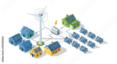An isometric illustration depicts sustainable energy sources powering homes and a smart grid presented as a silhouette high quality professional detailed