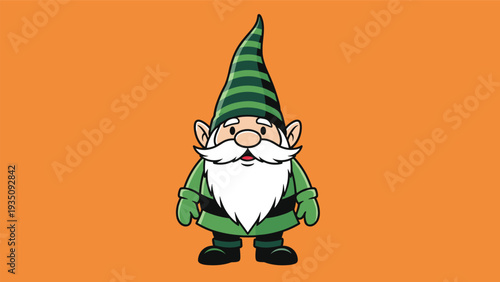 Traditional garden gnome character with a long white beard and a tall green striped hat standing against an orange background.