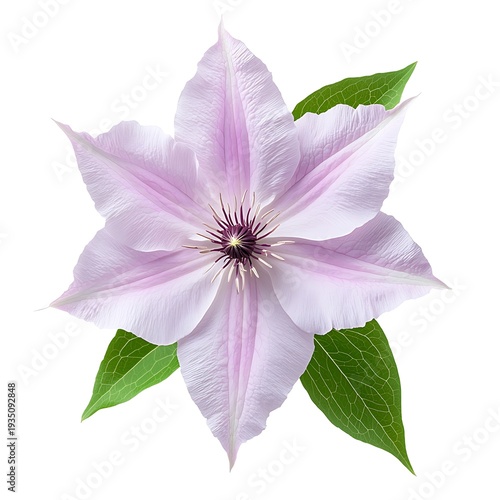 Delicate Pink Flower with Elegant Petals and Lush Green Leaves on a White Background