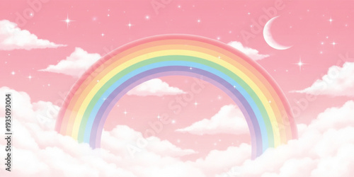 Pastel Rainbow Sky Background with Clouds, Moon and Sparkling Stars, Cute Fantasy Dreamy Illustration for Kids Design, Nursery Decor and Wallpaper