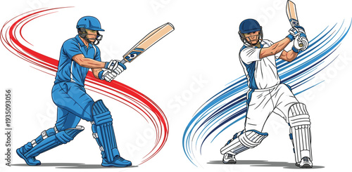 Professional Cricket Players Batting Action Illustration with Dynamic Motion Swirl Effects Sportsman Hitting Ball Vector Graphic Design