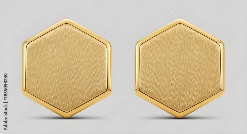 Fototapeta premium Two gold-colored hexagonal earrings displayed side by side on a plain background
