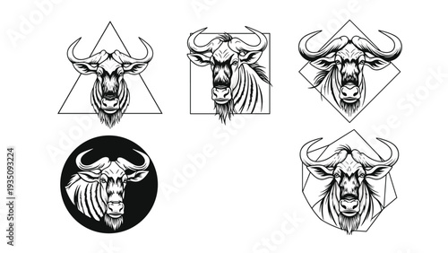 Collection of detailed wildebeest head sketches enclosed within various geometric frames like circles triangles and squares.