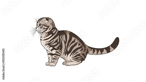 Detailed illustration of a grey and brown striped tabby cat sitting and looking alert against a plain white background.