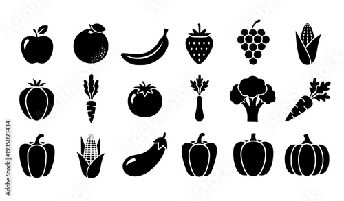 Black and White Fruit and Vegetable Silhouette Grid Vector Set