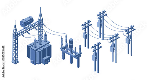 Isometric illustration of electrical power infrastructure including transformers and pylons presented as a dark silhouette high quality professional detailed modern elegant