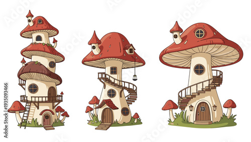 Set of whimsical fairy tale houses built into tall red mushrooms with windows doors and winding wooden staircases.