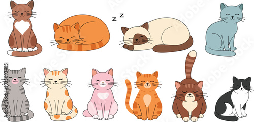 Set of Cute Cartoon Cat Characters in Various Sleeping and Sitting Poses for Pet Lovers, Veterinary Clinic Branding, Nursery Decor, and Creative Stationery Designs