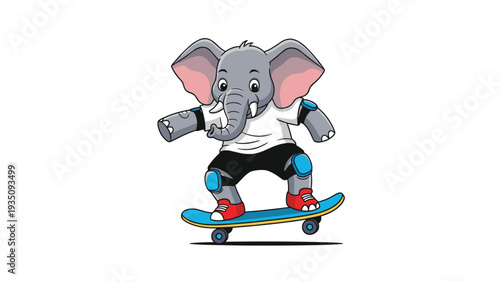 Energetic cartoon elephant wearing a white t-shirt and safety gear while riding a blue skateboard on a white background.