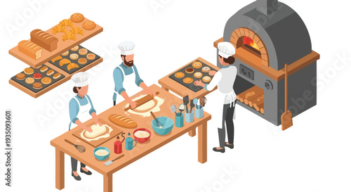 An isometric view of a bakery with chefs preparing bread and pastries showcasing a detailed silhouette high quality professional modern elegant