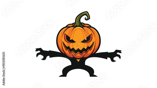 Spooky halloween monster character with a carved jack-o-lantern head and long dark arms reaching forward in a scary pose.