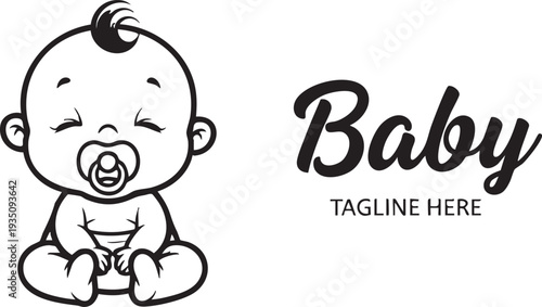 Black and white cartoon baby with pacifier and mohawk hairstyle