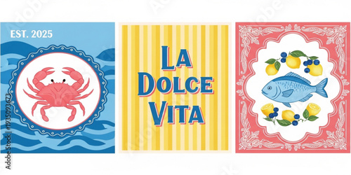 Set of Mediterranean Coastal Posters with Red Crab, Italian La Dolce Vita Text, and Fish with Lemons for Kitchen Decor and Summer Restaurant Branding