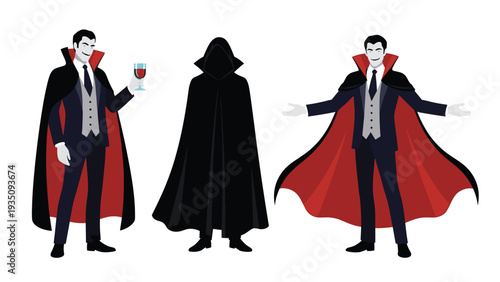 Set of three male vampire figures in black capes with red linings including one holding a glass of wine and one hooded figure.