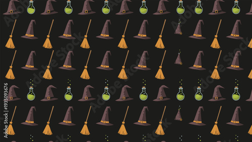 Seamless pattern of witch hats broomsticks and green magic potion bottles over a solid black background for halloween.