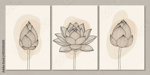 Set of Minimalist Botanical Wall Art with Hand Drawn Lotus Flower Line Art and Abstract Organic Shapes for Zen Home Decor and Wellness Branding