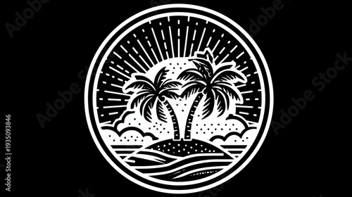Palm trees silhouette on island within circular design against black backdrop