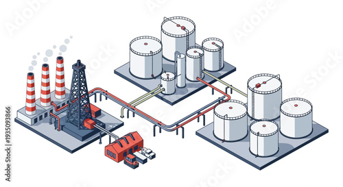 An isometric illustration depicts an industrial complex with storage tanks pipelines and smokestacks presented as a silhouette high quality professional detailed