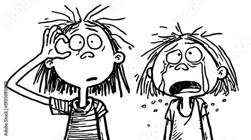 Cartoon illustrations of two children experiencing stress and sadness emotions