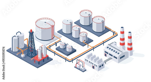 An isometric illustration depicts an industrial complex with storage tanks pipelines and buildings presented as a silhouette high quality professional detailed