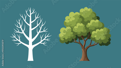 Comparison between a lush green leafy tree and a white leafless tree silhouette against a dark blue-green background.