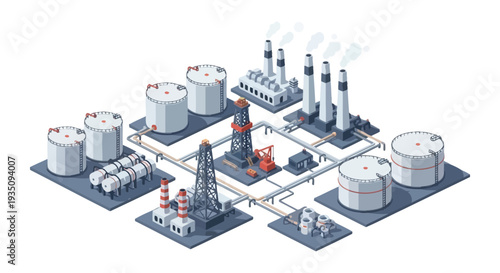 An isometric illustration depicts an industrial complex with oil storage tanks and smokestacks a striking silhouette high quality professional detailed modern