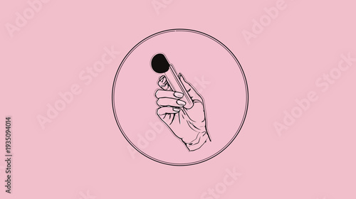 Hand holding makeup brush in circle against pink background