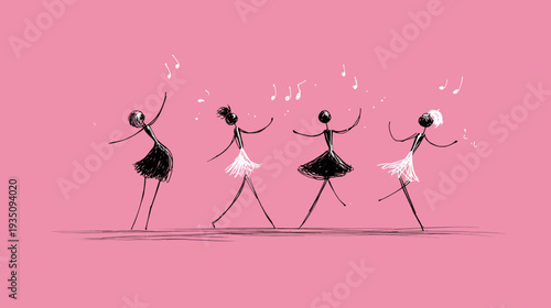 Stylized ballerinas dancing silhouetted against pink background with musical notes