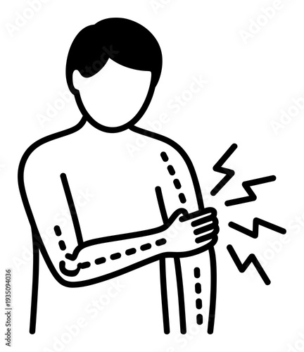Of a person experiencing arm pain with lightning bolt symbols indicating discomfort
