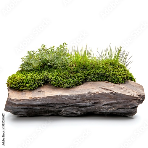 Natural Landscape Stone with Lush Green Plants and Succulent Growth on Rustic Surface