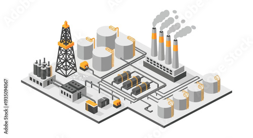 An isometric illustration depicts an industrial complex with oil rigs storage tanks and chimneys a striking silhouette high quality professional detailed