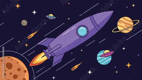 Purple rocket ship blasting through a colorful galaxy filled with planets, shooting stars, and unidentified flying objects.