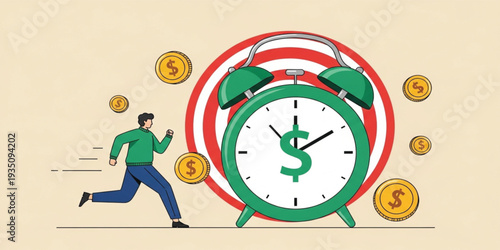 Time is Money Financial Concept with Businessman Running Toward Alarm Clock and Dollar Coins, Productivity Investment and Time Management Vector Illustration