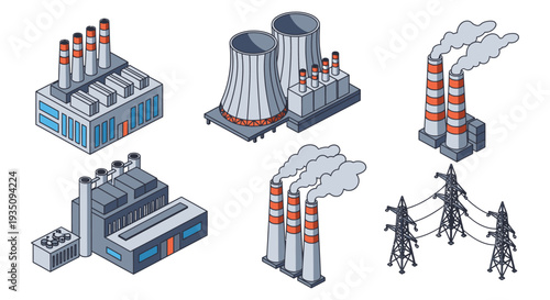 Isometric illustration depicting industrial buildings smokestacks and power lines against a white backdrop a distinct silhouette high quality professional detailed modern