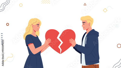 Young couple holding the two separate pieces of a large broken red heart against a decorative geometric background.