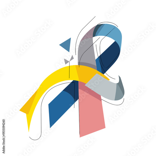 Abstract curling ribbon and balloon shapes in vivid colors isolated on a white background, featuring dynamic curves and geometric forms