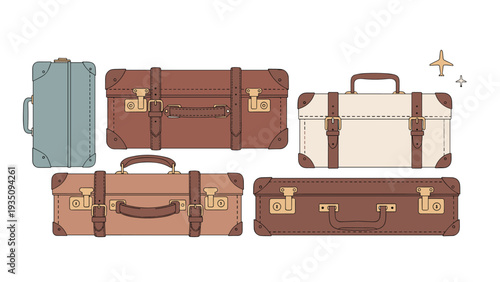 Collection of vintage travel suitcases and trunks in various sizes and colors arranged on a clean white background.
