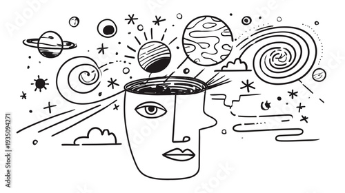 Conceptual illustration open mind with planets and cosmic elements