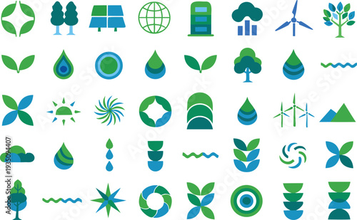 Collection of diverse eco-friendly and environmental protection icons