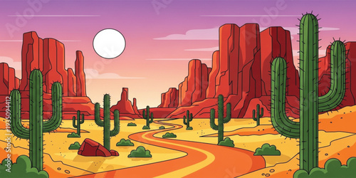 Vibrant Desert Landscape Vector Illustration with Saguaro Cactus, Red Rock Canyons, and Winding Road Under a Sunset Sky for Travel Backgrounds and Southwestern Graphics