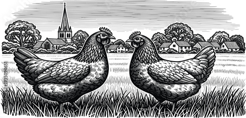 Vintage Farm Chicken Engraving Illustration with Hens in Rural Countryside Landscape for Agriculture Poultry Farming and Retro Vector Design