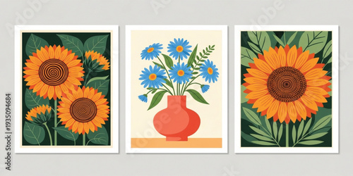 Vintage Floral Wall Art Set with Sunflowers and Blue Daisy Bouquet in Vase for Retro Botanical Home Decor Poster Prints