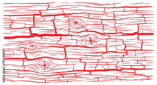 Cracked Wood Grain Texture with Red Lines and Knots - Rustic Background